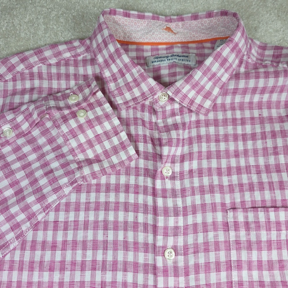 Tommy Bahama Button Down Shirt Mens XL Pink Gingham Barbados Breeze Strtch Linen